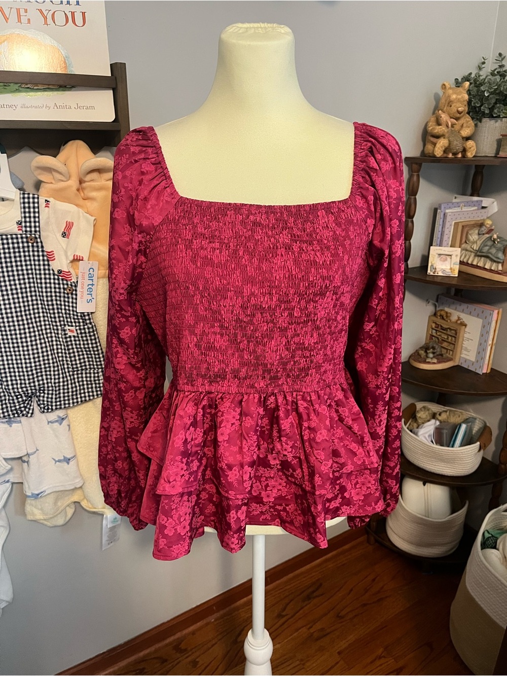 Arula Pink Peplum Tiered Long Sleeve Top w/ Smocked Detail Size X (XL)